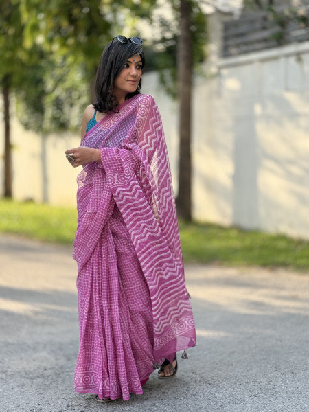 PINK HAND BLOCK PRINT COTTON KOTA SARI