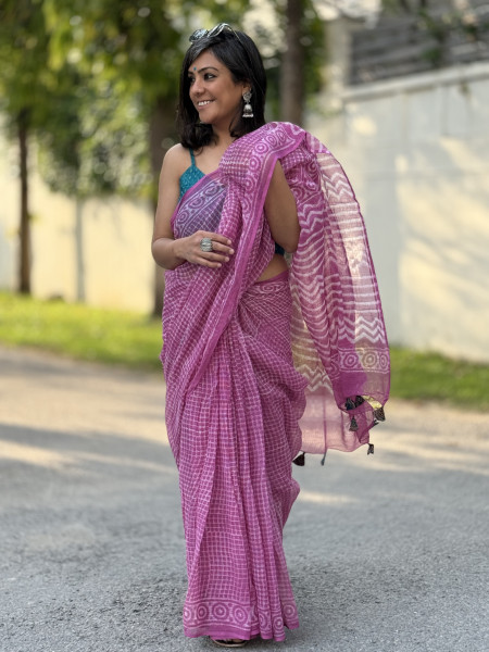 PINK HAND BLOCK PRINT COTTON KOTA SARI