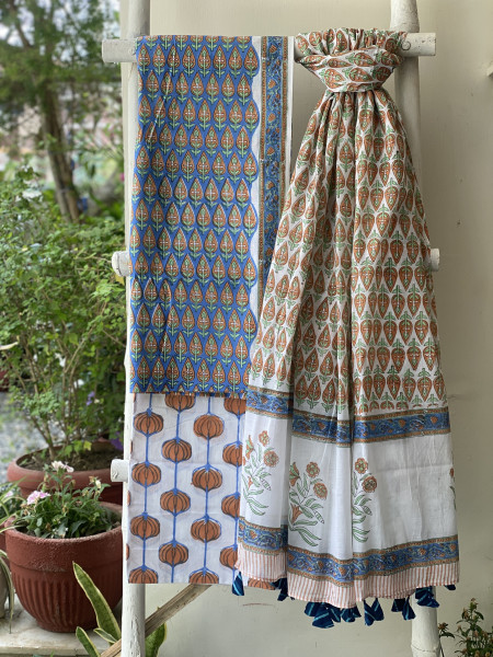 BLUE & OFF WHITE HAND BLOCK PRINT MUL COTTON DUPATTA SET