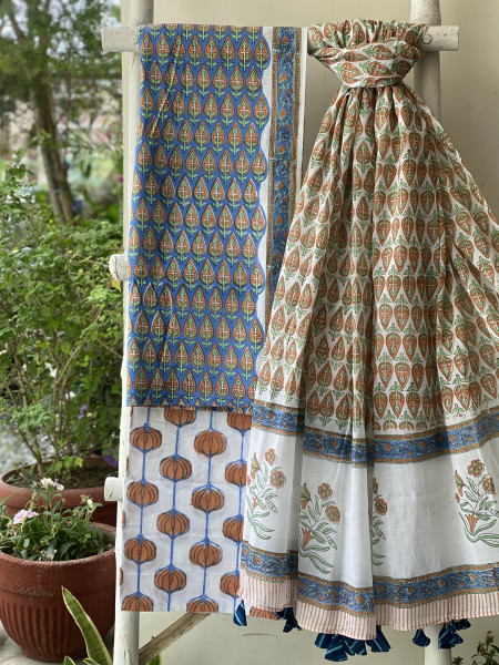 BLUE & OFF WHITE HAND BLOCK PRINT MUL COTTON DUPATTA SET