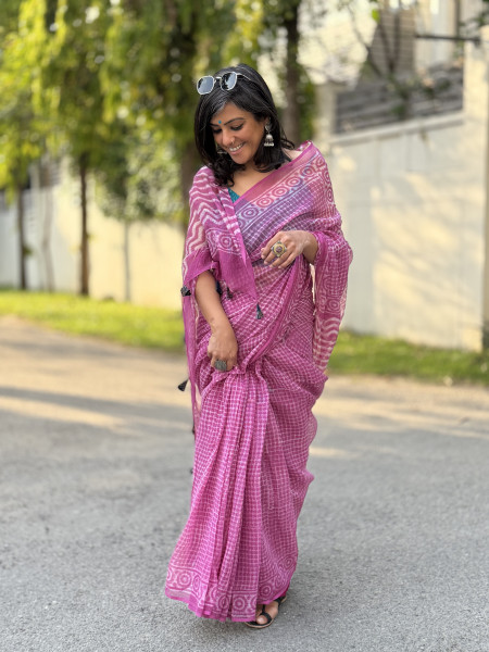 PINK HAND BLOCK PRINT COTTON KOTA SARI