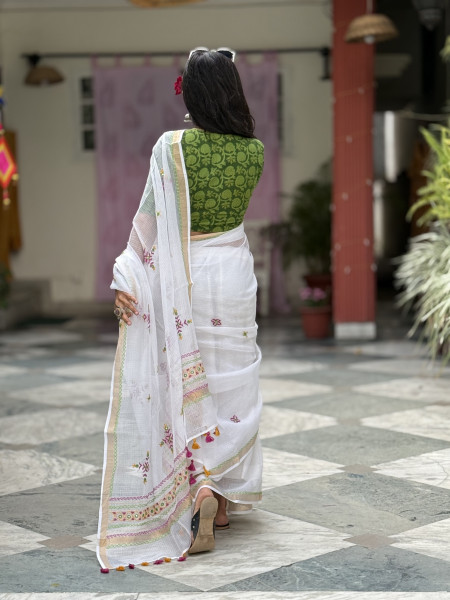 WHITE KOTA COTTON HAND EMBROIDERED SARI