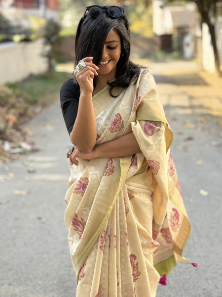 OFF WHITE-PINK  HAND BLOCK PRINT HANDLOOM SILK SARI