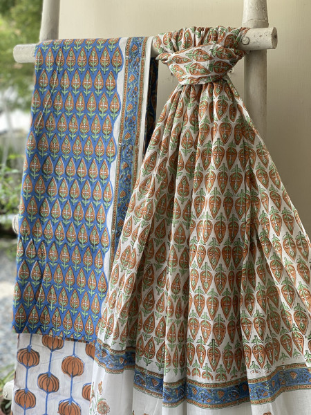 BLUE & OFF WHITE HAND BLOCK PRINT MUL COTTON DUPATTA SET