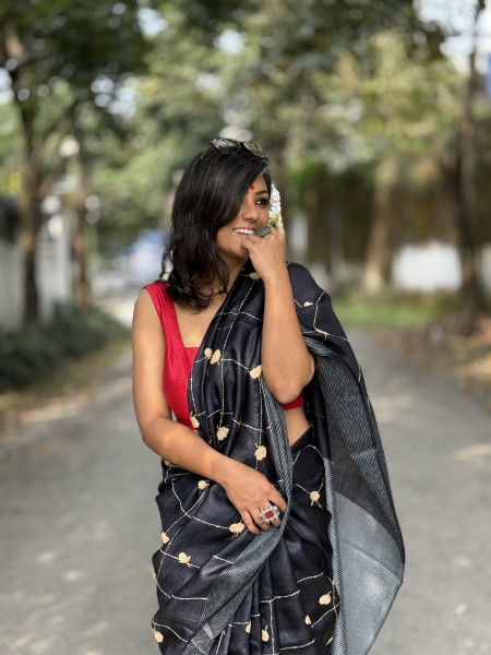 BLACK  KORA SILK HAND EMBROIDERED SARI