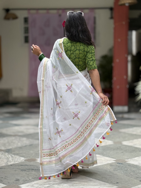 WHITE KOTA COTTON HAND EMBROIDERED SARI