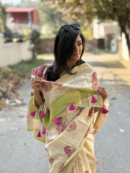 OFF WHITE-PINK  HAND BLOCK PRINT HANDLOOM SILK SARI