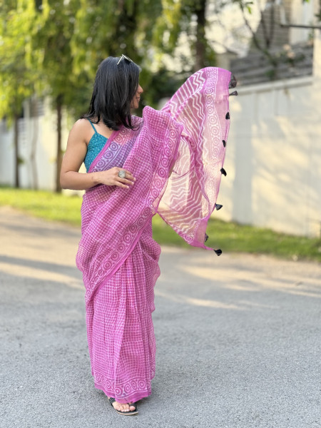PINK HAND BLOCK PRINT COTTON KOTA SARI