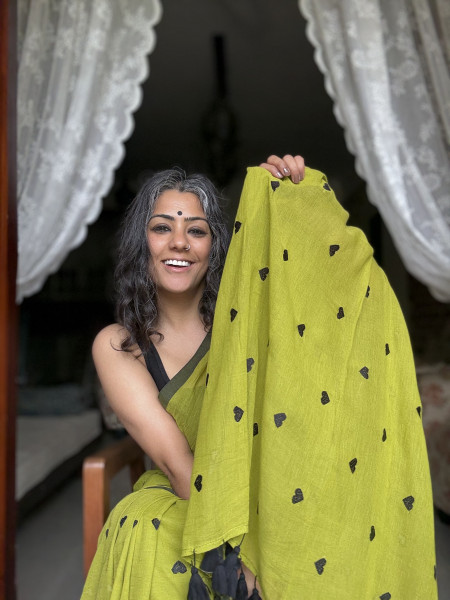 OLIVE GREEN COTTON MULMUL EMBROIDERED SARI