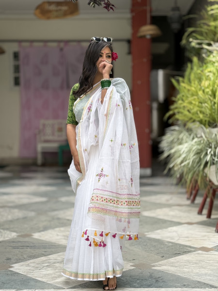 WHITE KOTA COTTON HAND EMBROIDERED SARI