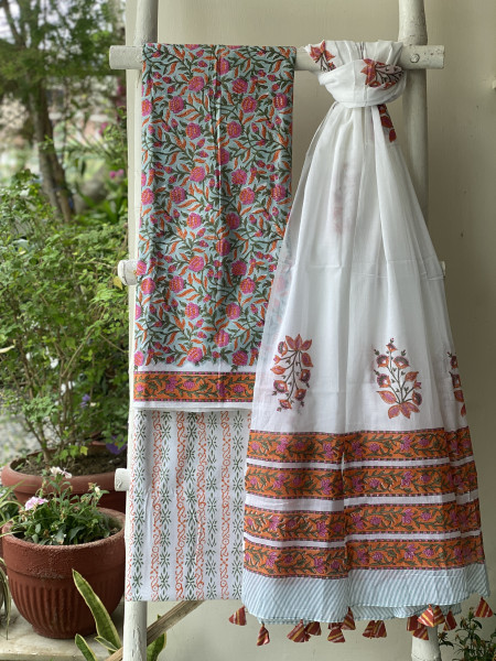 SEA GREEN & OFF WHITE HAND BLOCK PRINT MUL COTTON DUPATTA SET