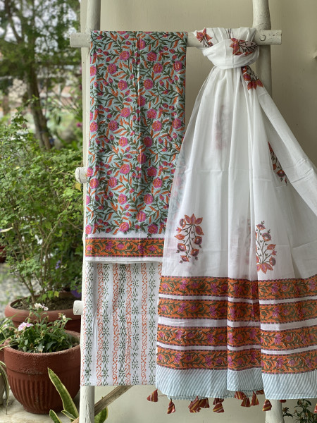 SEA GREEN & OFF WHITE HAND BLOCK PRINT MUL COTTON DUPATTA SET