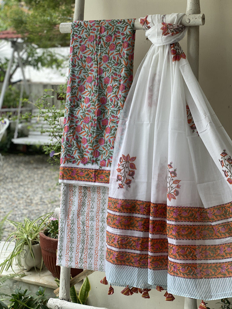 Image of SEA GREEN &amp; OFF WHITE HAND BLOCK PRINT MUL COTTON DUPATTA SET