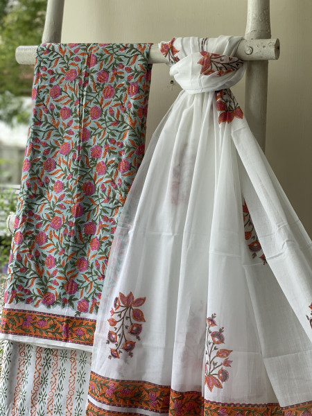 SEA GREEN & OFF WHITE HAND BLOCK PRINT MUL COTTON DUPATTA SET