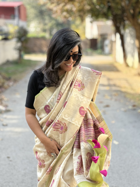 OFF WHITE-PINK  HAND BLOCK PRINT HANDLOOM SILK SARI