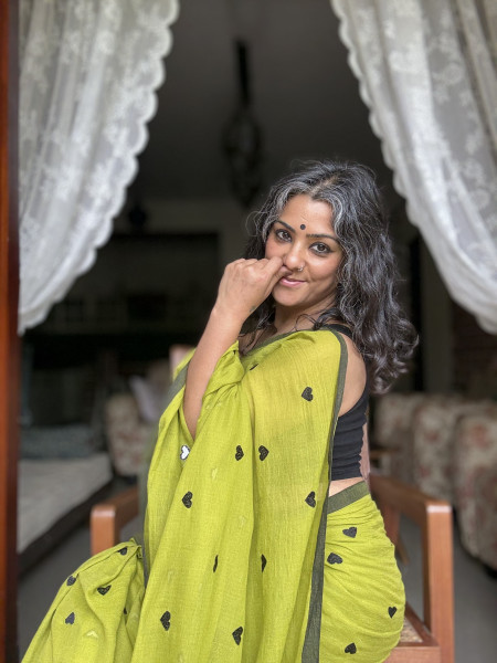 OLIVE GREEN COTTON MULMUL EMBROIDERED SARI