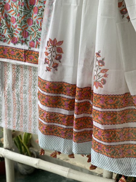 SEA GREEN & OFF WHITE HAND BLOCK PRINT MUL COTTON DUPATTA SET