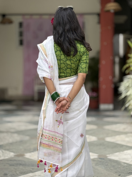 WHITE KOTA COTTON HAND EMBROIDERED SARI