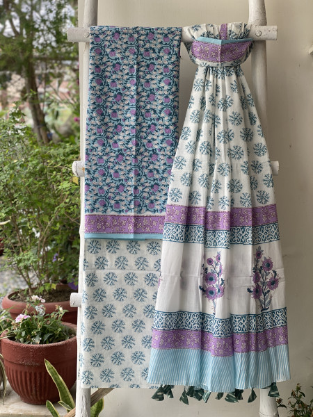 SKY BLUE & OFF WHITE HAND BLOCK PRINT MUL COTTON DUPATTA SET