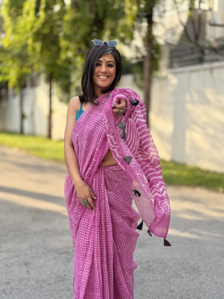 PINK HAND BLOCK PRINT COTTON KOTA SARI