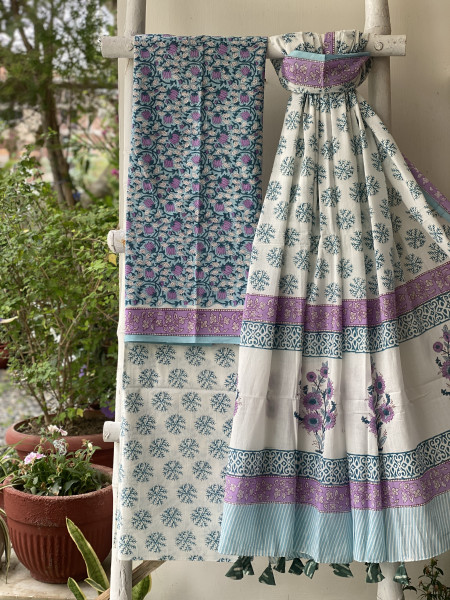 SKY BLUE & OFF WHITE HAND BLOCK PRINT MUL COTTON DUPATTA SET