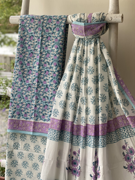SKY BLUE & OFF WHITE HAND BLOCK PRINT MUL COTTON DUPATTA SET
