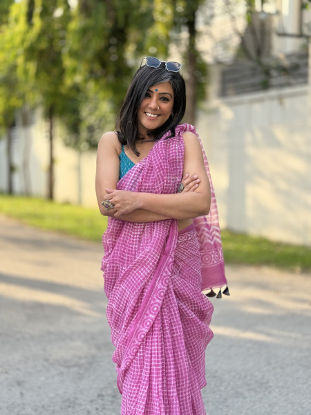 PINK HAND BLOCK PRINT COTTON KOTA SARI