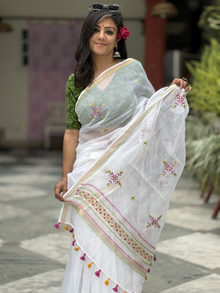 WHITE KOTA COTTON HAND EMBROIDERED SARI
