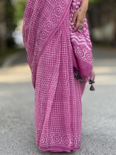 PINK HAND BLOCK PRINT COTTON KOTA SARI