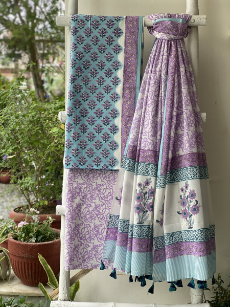 AQUA  & OFF WHITE HAND BLOCK PRINT MUL COTTON DUPATTA SET
