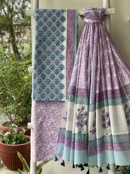 AQUA  & OFF WHITE HAND BLOCK PRINT MUL COTTON DUPATTA SET