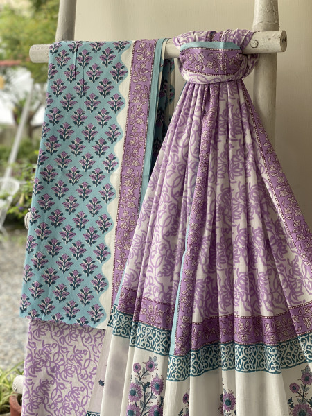 AQUA  & OFF WHITE HAND BLOCK PRINT MUL COTTON DUPATTA SET