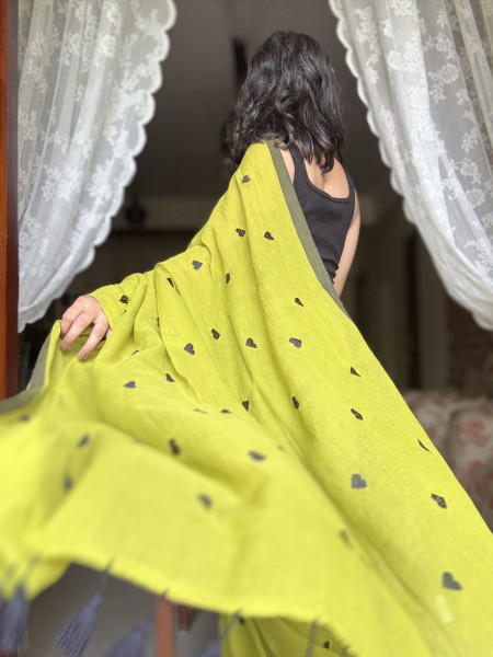 OLIVE GREEN COTTON MULMUL EMBROIDERED SARI