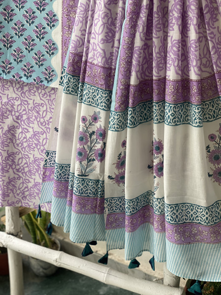 AQUA  & OFF WHITE HAND BLOCK PRINT MUL COTTON DUPATTA SET