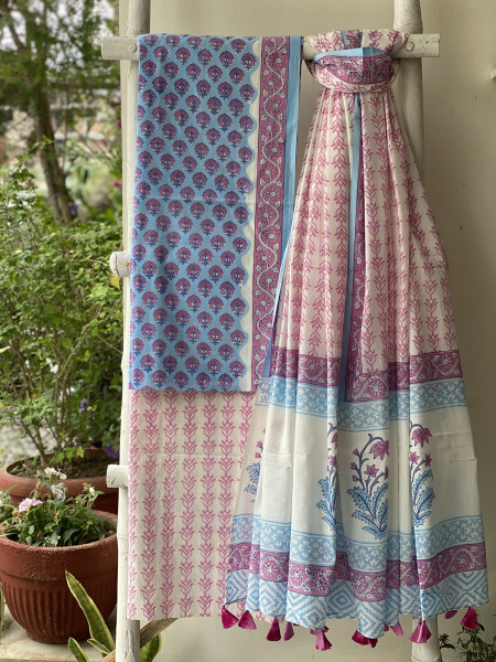 SKY BLUE & OFF WHITE HAND BLOCK PRINT MUL COTTON DUPATTA SET