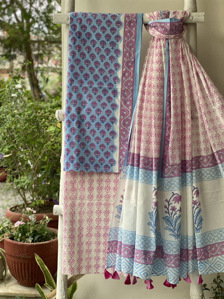 SKY BLUE & OFF WHITE HAND BLOCK PRINT MUL COTTON DUPATTA SET