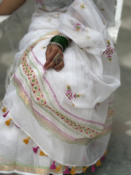 WHITE KOTA COTTON HAND EMBROIDERED SARI