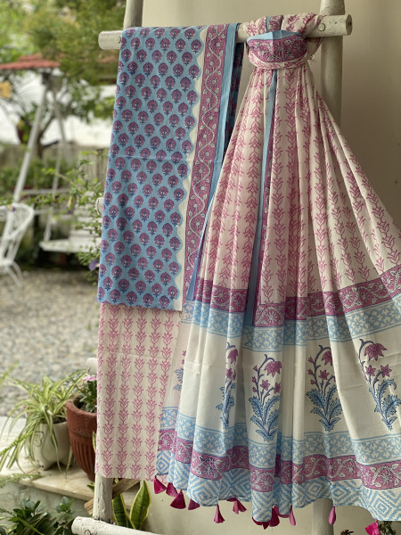 SKY BLUE & OFF WHITE HAND BLOCK PRINT MUL COTTON DUPATTA SET