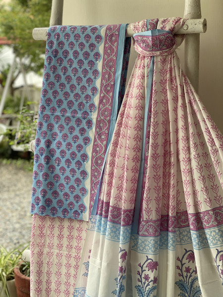 SKY BLUE & OFF WHITE HAND BLOCK PRINT MUL COTTON DUPATTA SET