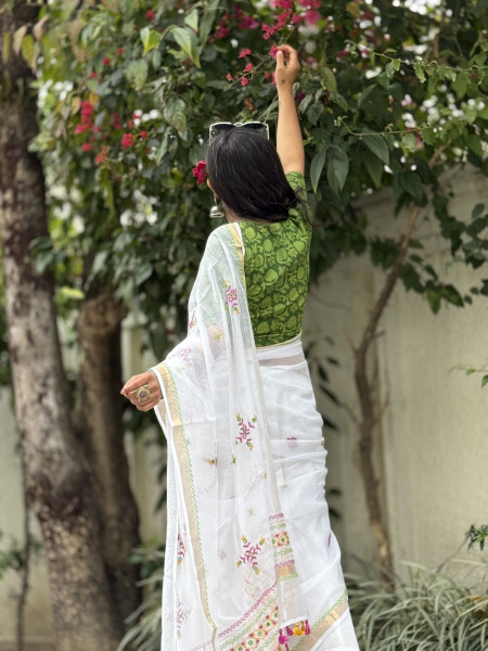 WHITE KOTA COTTON HAND EMBROIDERED SARI