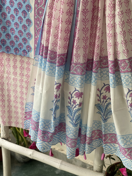 SKY BLUE & OFF WHITE HAND BLOCK PRINT MUL COTTON DUPATTA SET