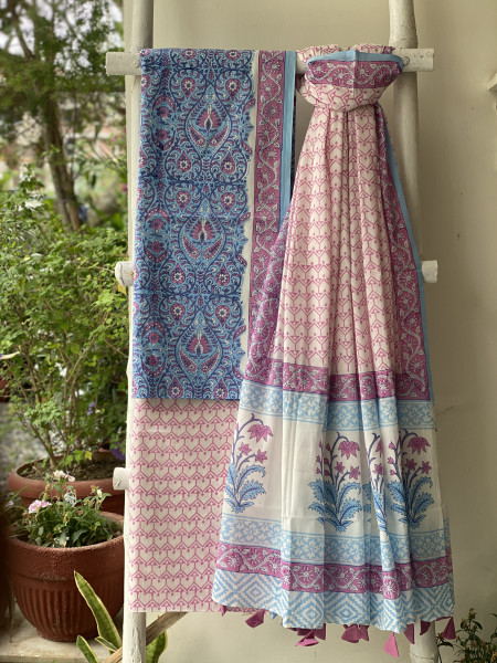 BLUE & OFF WHITE HAND BLOCK PRINT MUL COTTON DUPATTA SET