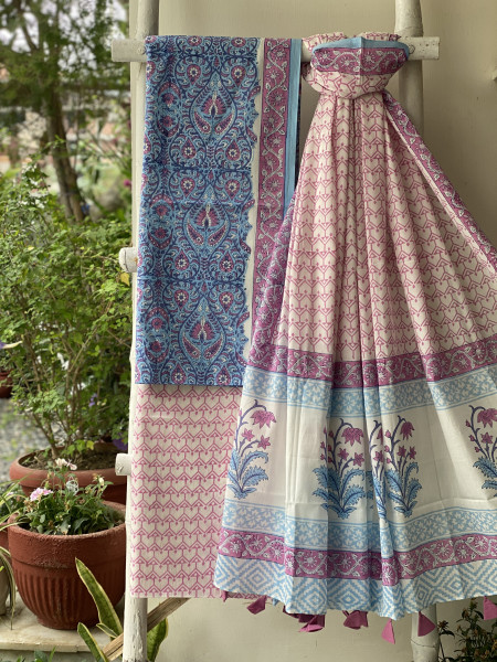 BLUE & OFF WHITE HAND BLOCK PRINT MUL COTTON DUPATTA SET