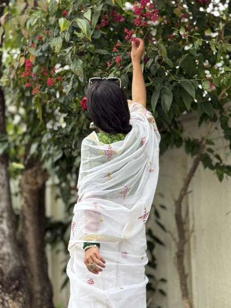WHITE KOTA COTTON HAND EMBROIDERED SARI