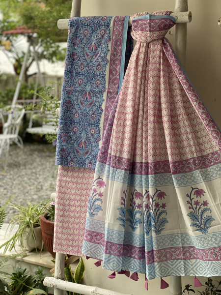 BLUE & OFF WHITE HAND BLOCK PRINT MUL COTTON DUPATTA SET