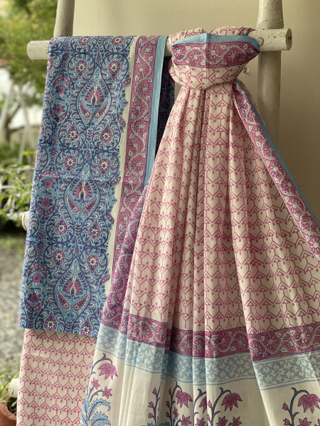 BLUE & OFF WHITE HAND BLOCK PRINT MUL COTTON DUPATTA SET