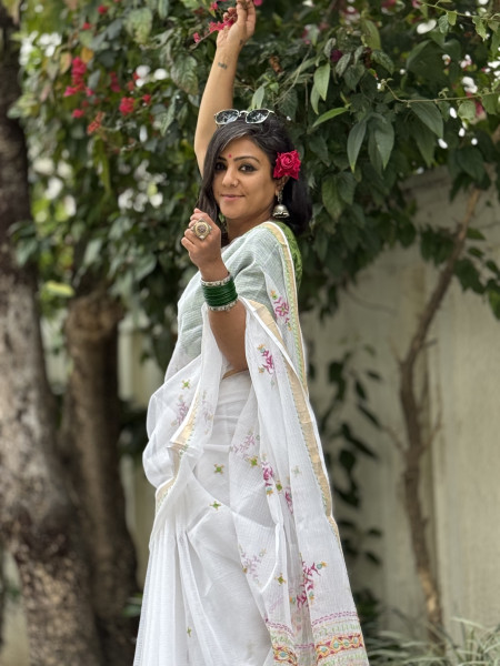 WHITE KOTA COTTON HAND EMBROIDERED SARI