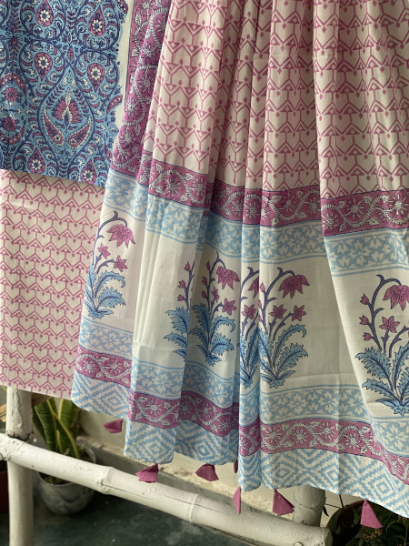 BLUE & OFF WHITE HAND BLOCK PRINT MUL COTTON DUPATTA SET