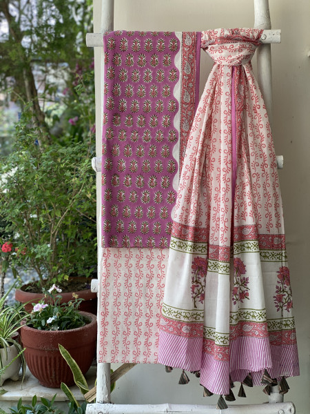 PINK & OFF WHITE HAND BLOCK PRINT MUL COTTON DUPATTA SET