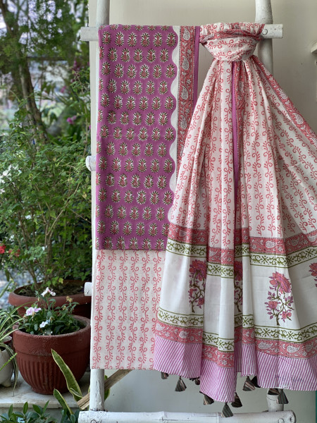 PINK & OFF WHITE HAND BLOCK PRINT MUL COTTON DUPATTA SET
